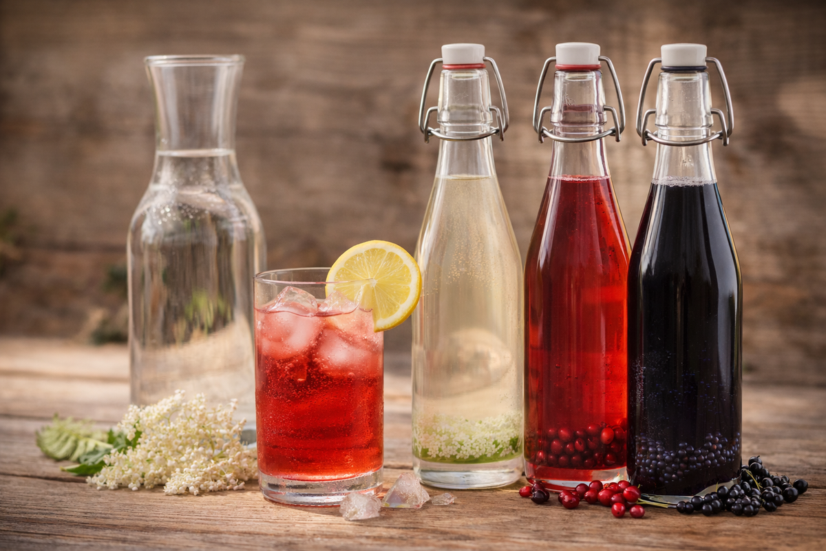 Mehrere Fruchtsirupflaschen mit Wasserkaraffe und Glas mit Saft und Zitronenscheibe