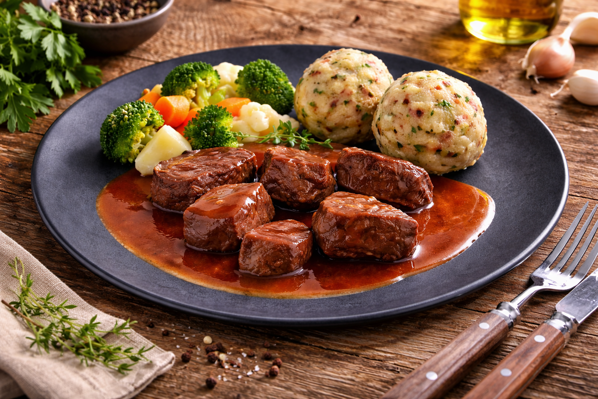 Hirschgulasch Fertiggericht auf Teller Ager