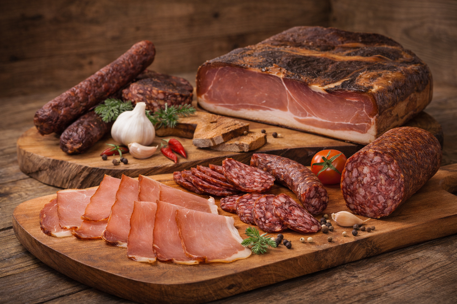 Tiroler Schinken Speck auf Holzbrett mit Wuersten