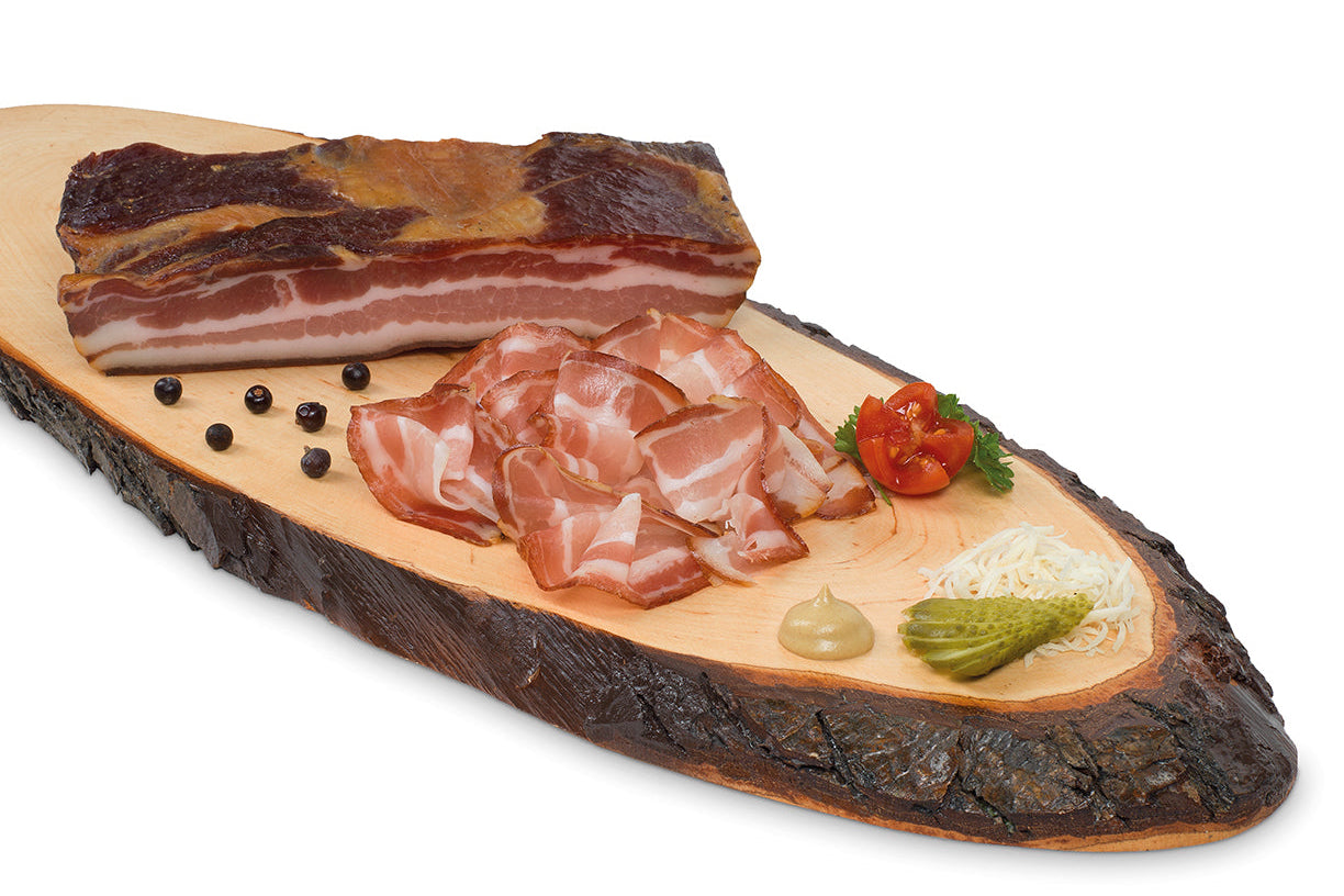 Ager Original Tiroler Speck ggA Bauchspeck ohne Schwarte 600g auf Brett im Ganzen und geschnitten