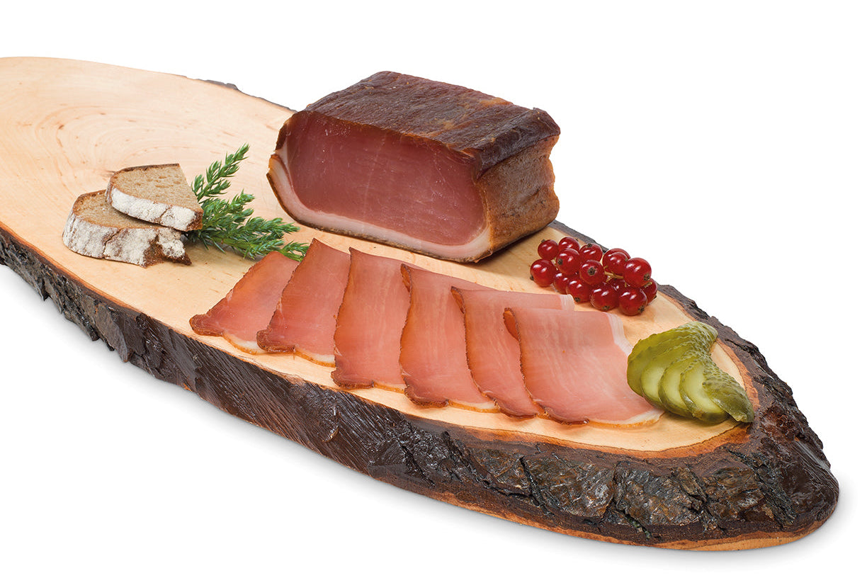 Ager Original Tiroler Speck ggA Karreespeck großes Stück ohne Schwarte 600g auf Brett geschnitten