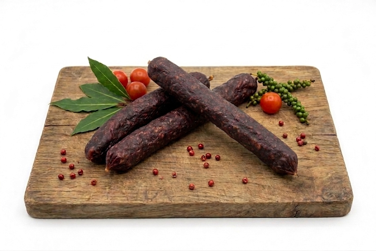 Ager Original Tiroler Kaminwurzen auf Brett 3 Stück mit Blättern und Pfeffer und Tomaten
