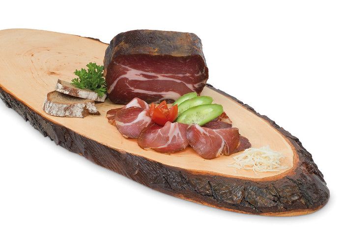 Ager Tiroler Speck Schopfspeck 350g auf Brett im Ganzen und geschnitten