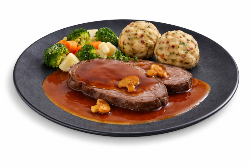 Ager Wild Fertiggericht Teller mit Hirschbraten und Sauce und Knödeln und Gemüse