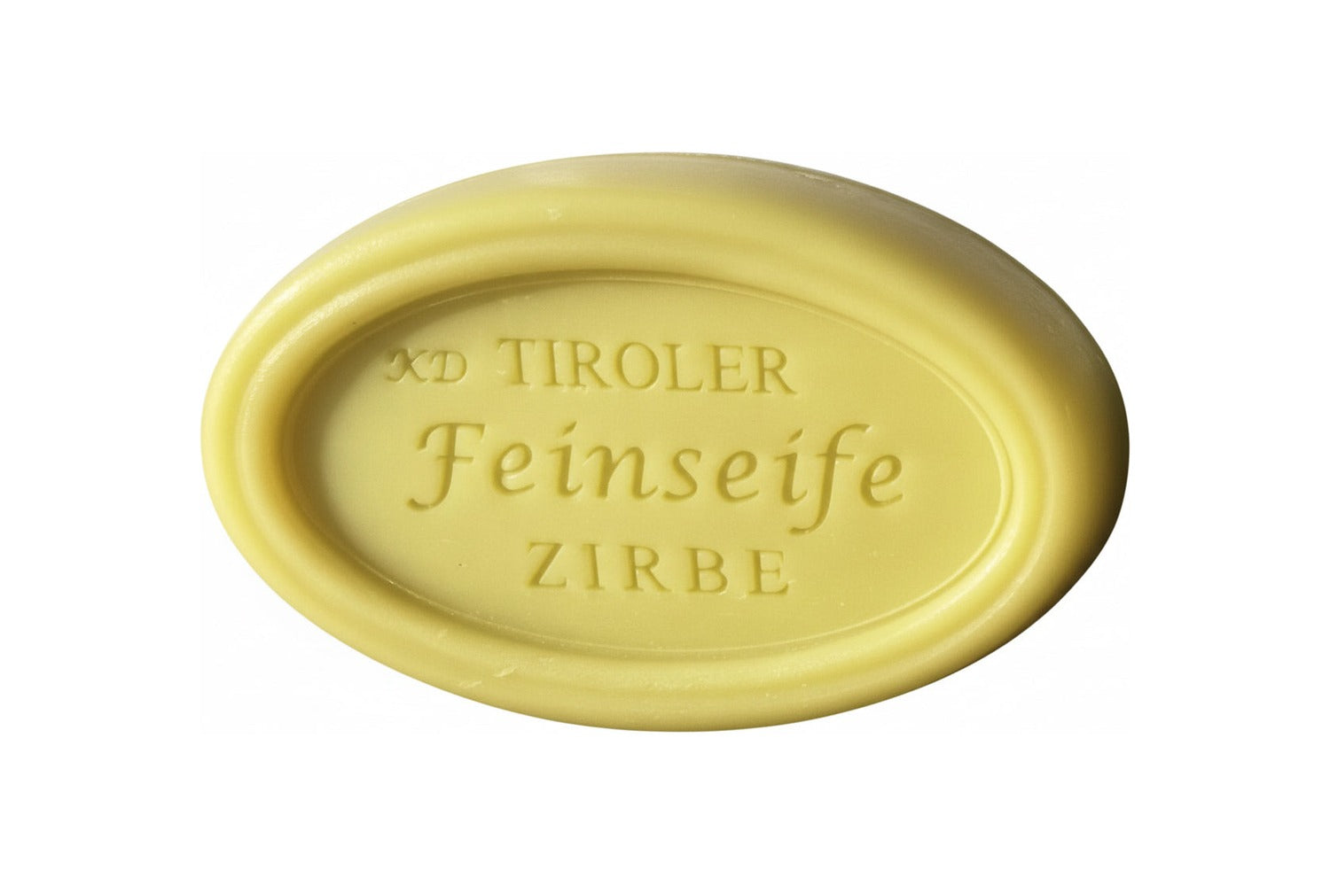 Karl Designs Tiroler Seife oval 100g Sorte Zirbe Vorderseite mit Schrift