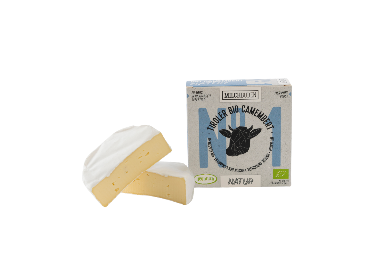 Milchbuben Tiroler Bio Camembert natur aufgeschnitten und im Karton