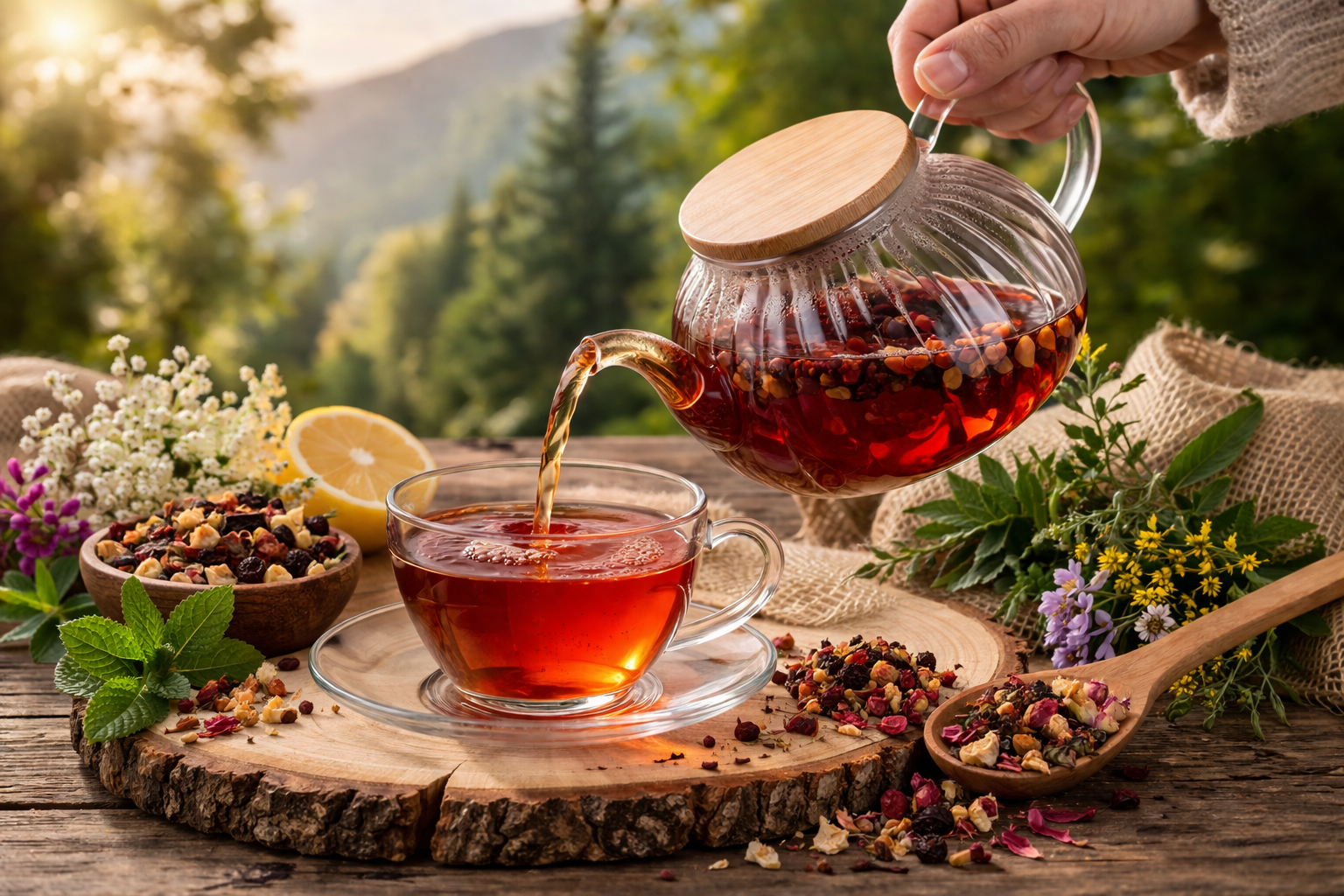 Tee wird aus durchsichtiger Teekanne in Tasse gegossen