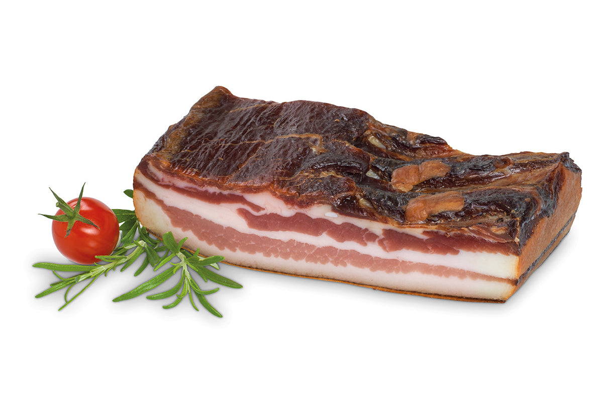 Ager Original Tiroler Speck ggA Bauchspeck mit Schwarte 350g auf Brett im Ganzen lose