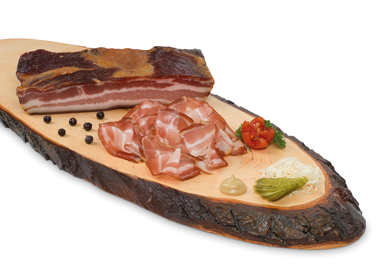 Ager Original Tiroler Speck ggA Bauchspeck mit Schwarte 500g auf Brett im Ganzen und geschnitten
