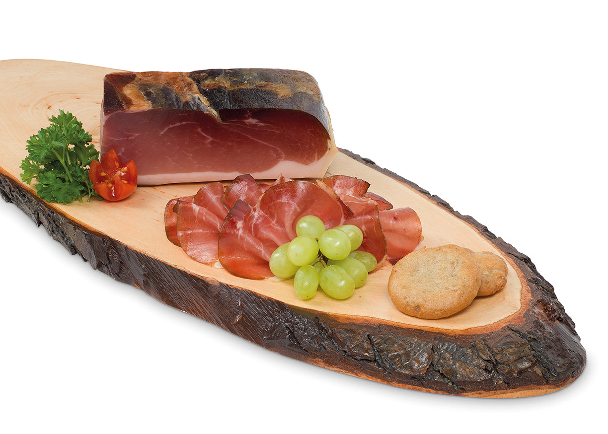 Ager Original Tiroler Speck ggA Schinkenspeck mit Schwarte 1600g auf Brett im Ganzen und geschnitten