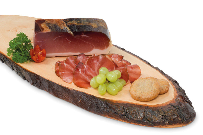 Ager Original Tiroler Speck ggA Schinkenspeck mit Schwarte 800g auf Brett im Ganzen und geschnitten