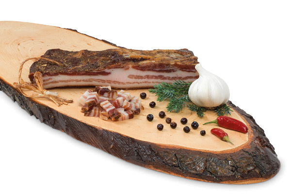 Ager Tiroler Speck Knoblauchspeck 450g auf Brett im Ganzen und geschnitten