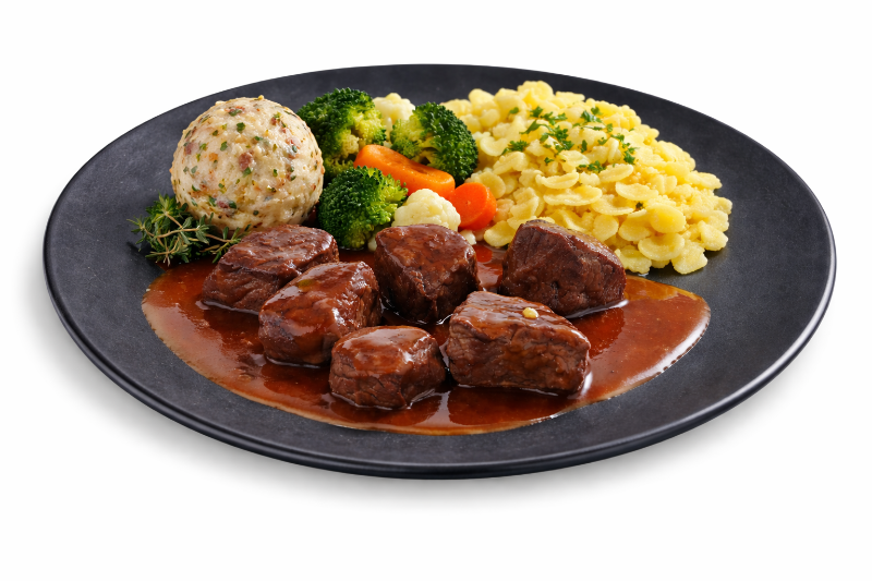 Ager Wild Fertiggericht Teller mit Hirschgulsch mit Sauce und Knödeln und Gemüse Spätzle
