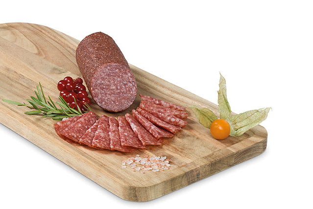 Ager Wildsalami Rehsalami 220g ganz und geschnitten auf Brett