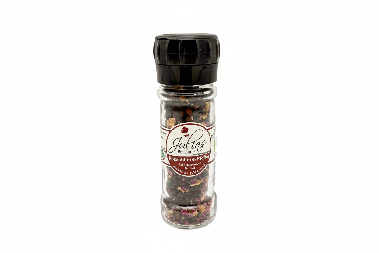 Julias Geheimnis BIO Rosenblüten Pfeffer Mühle im Glas