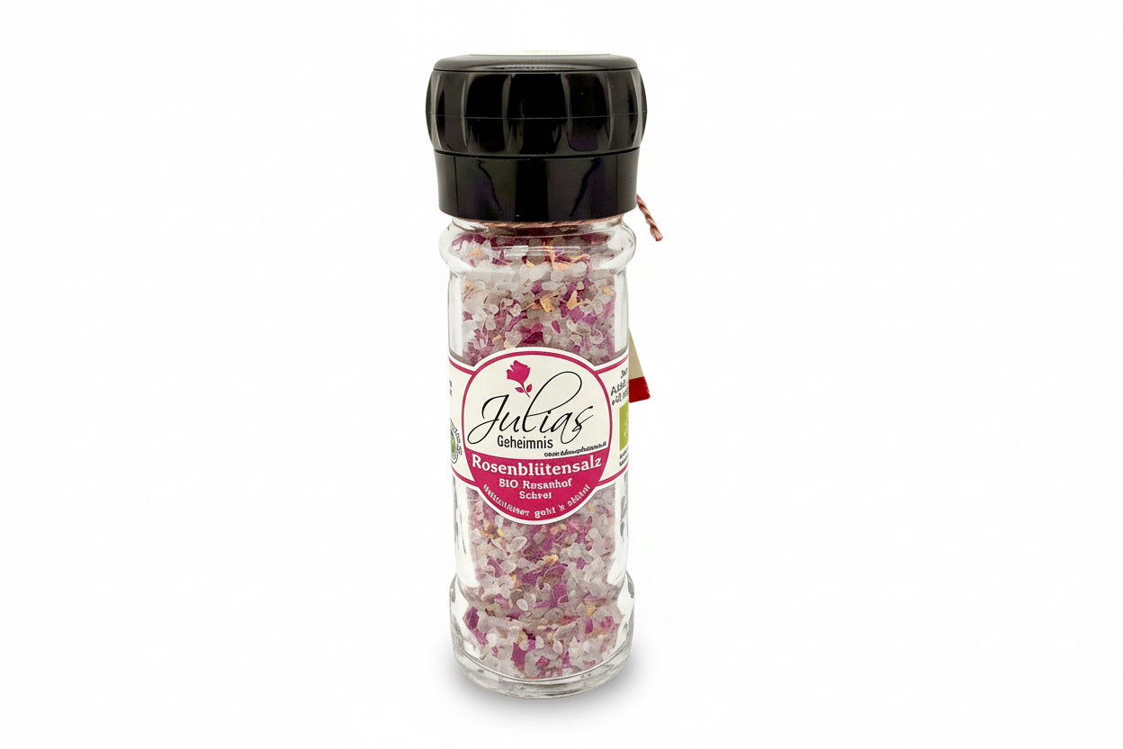 Julias Geheimnis BIO Rosenblüten Salz Mühle im Glas