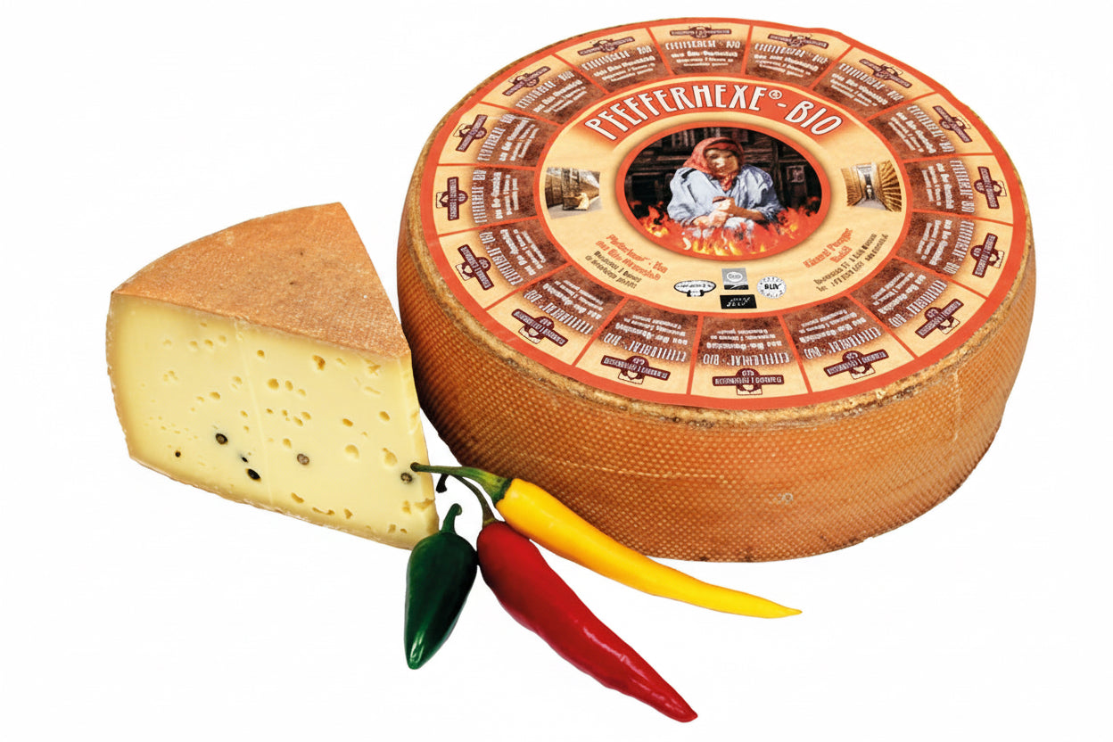 Käserei Plangger Tiroler Bio Pfefferkäse Pfefferhexe Laib und kleinere Stücke 230g