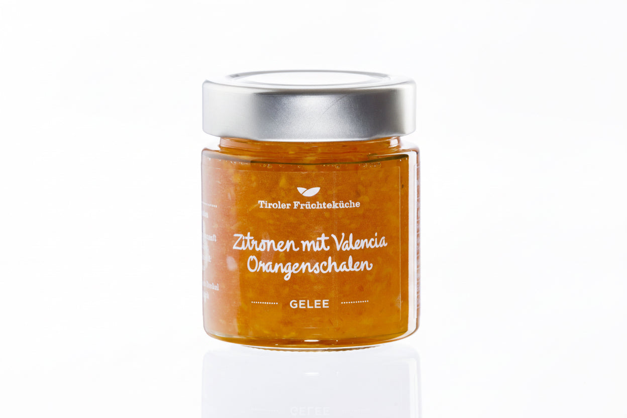 Tiroler Früchteküche Zitronen mit Valencia Orangenschalen Gelee im Glas 200g