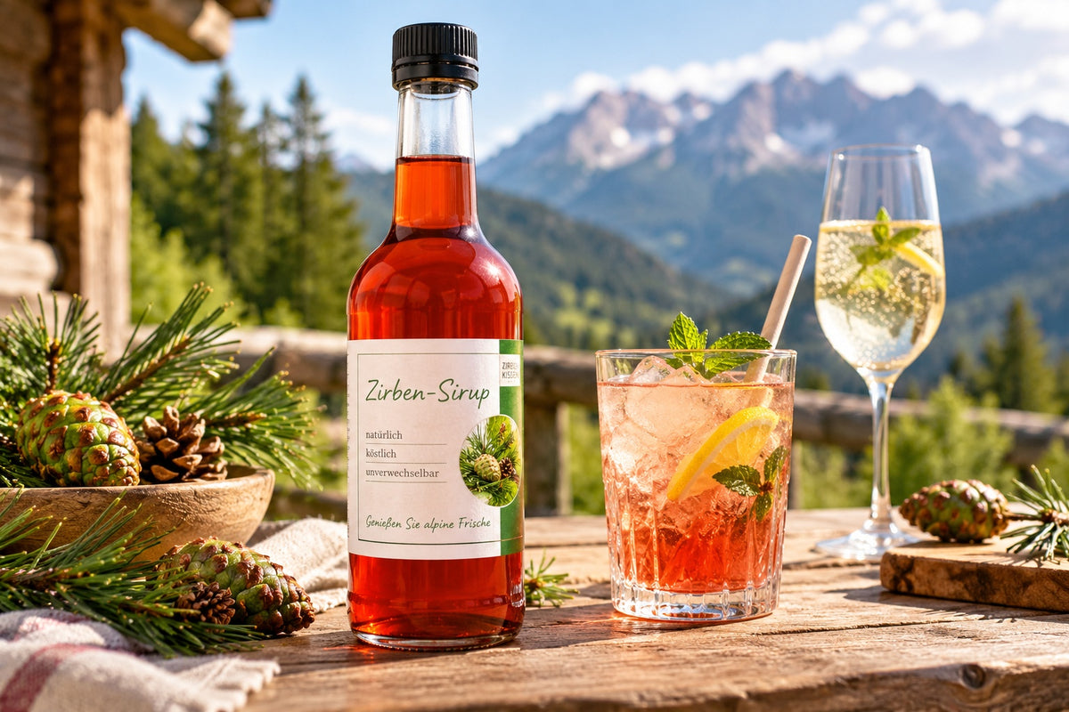 Tiroler Zirbensirup in der Flasche und mit Gläsern als fertiger Drink in der Natur