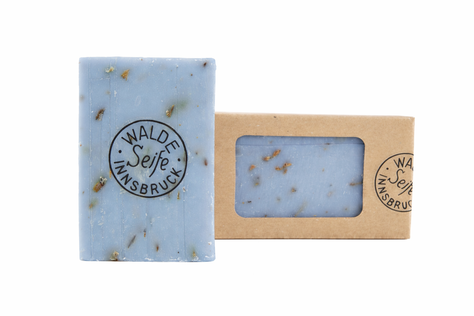 Handgeschöpfte Seife von Walde aus Innsbruck unverpackt und im Karton Sorte Lavendel